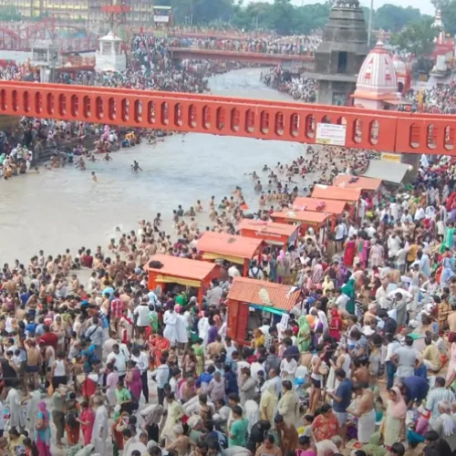 maha kumbh mela people taking holy bath from river india ritual festival