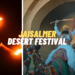 jaisalmer desert festival, men on camel rides in group, girl performing rajasthani folk fire dance