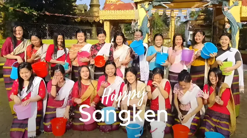 girls celebrating sangken water festival of tai khamti community in assam, arunachal pradesh, india