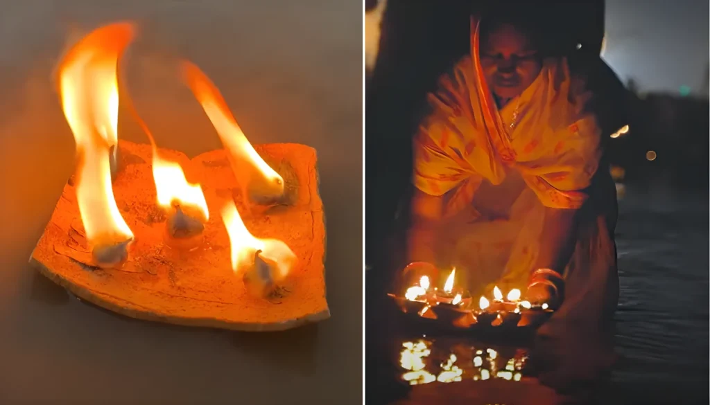 chhath puja 2023, women performing puja lighting diyas giving arghya to God Sun